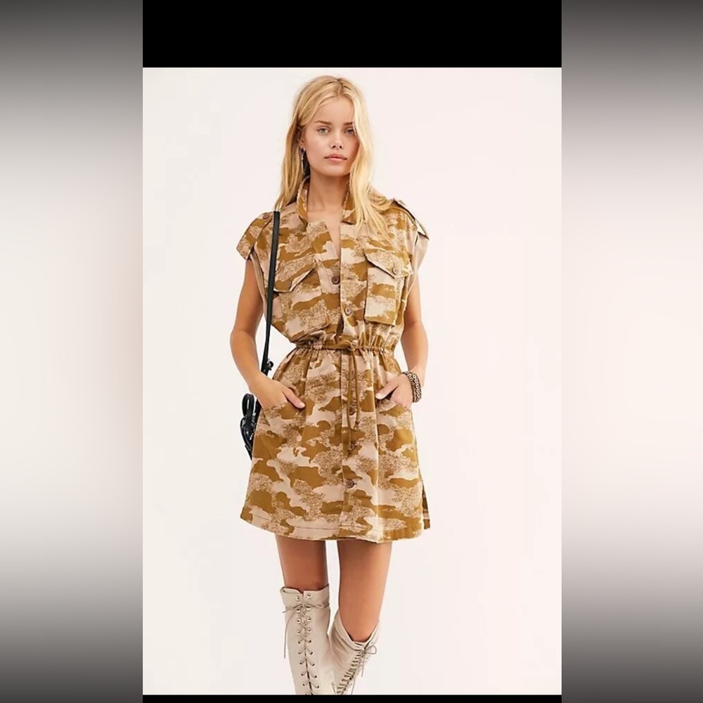 NEW FREE PEOPLE SZ S SAHARA SUNSETS CAMO CAMOUFLAGE PRINT DRAWSTRING MINI DRESS